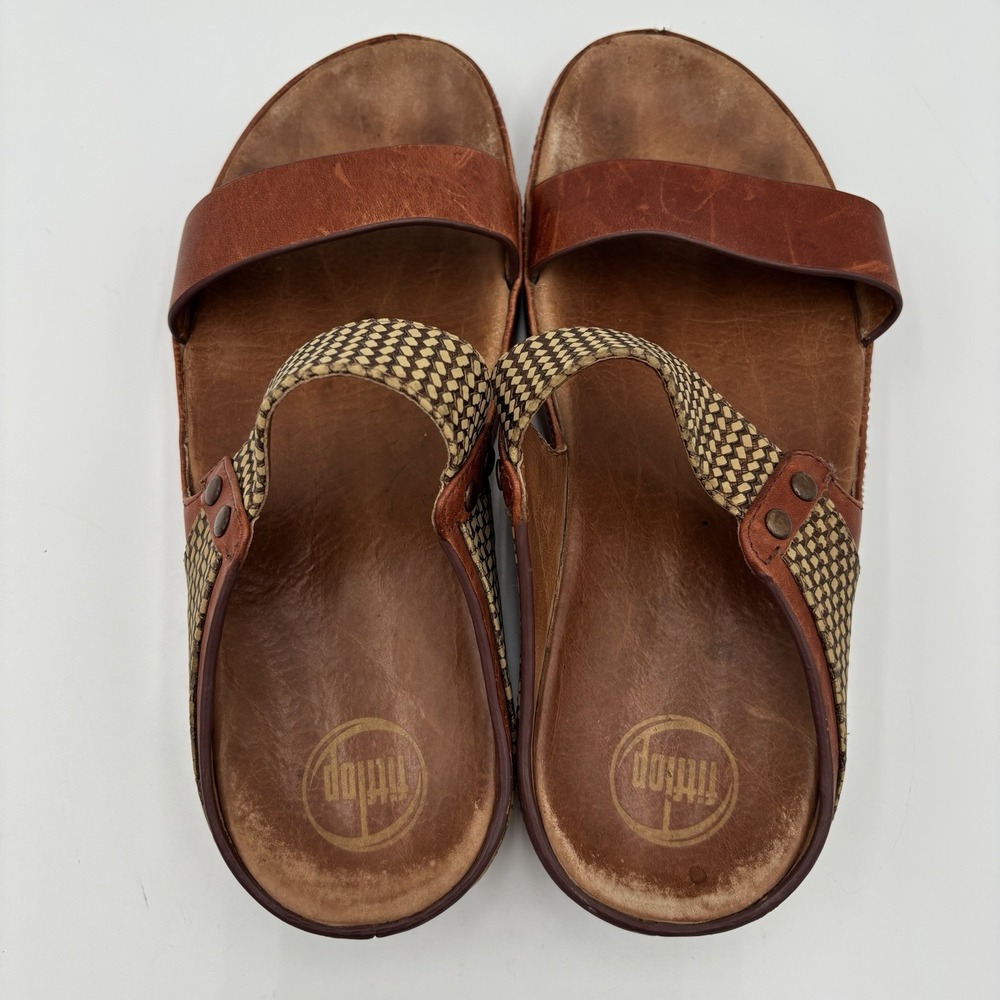 FitFlop Amsterdam Brown Leather Sandals Size 9 Comfort Vacation Casual Slip On - Picture 4 of 8